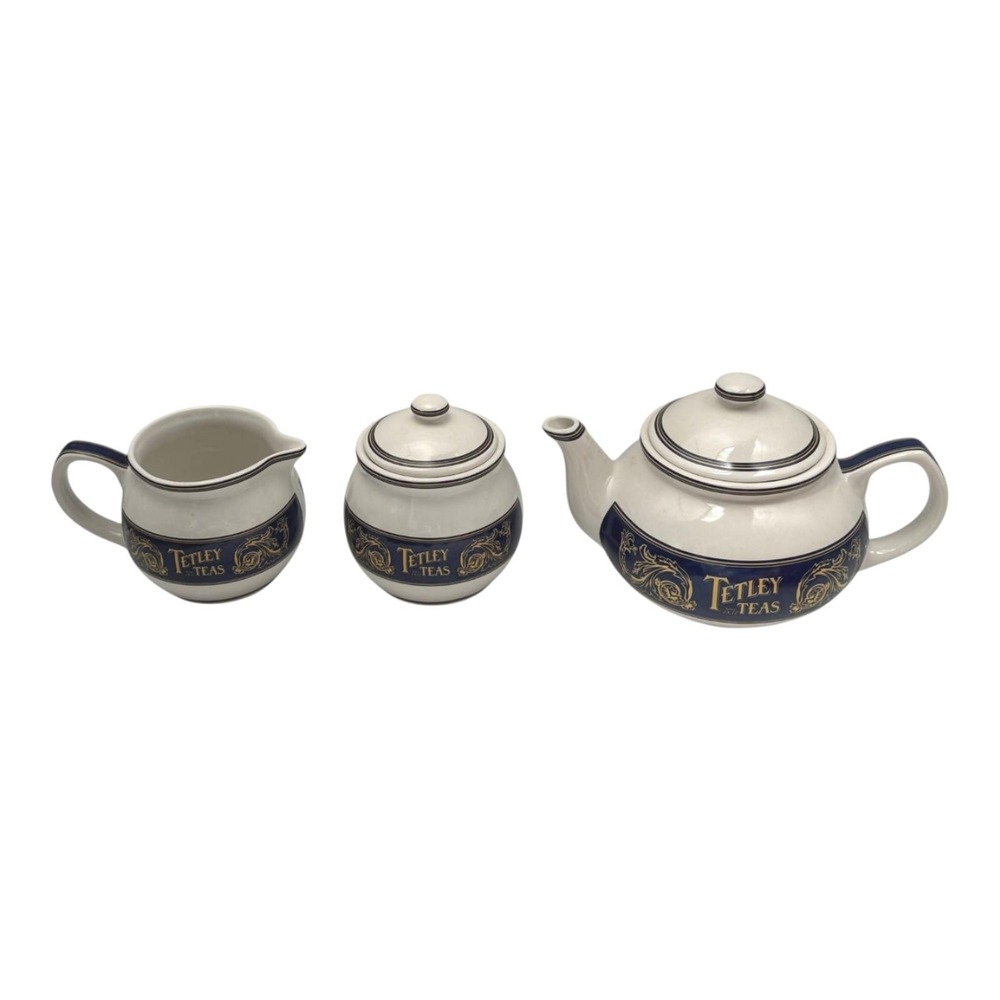 Tetley Collectibles Lot 3 Teapot Sugar and Cream Navy Gold White‎ Ceramic Canada